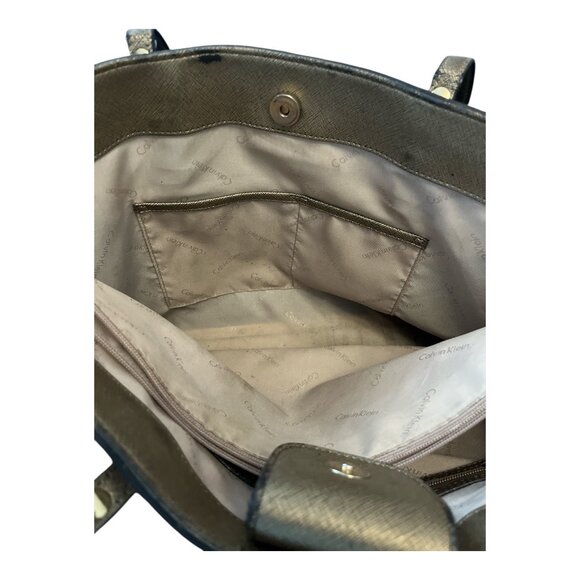 Calvin Klein Metallic Gold Saffiano Leather Tote Bag – 10 x 15 x 4 in – 10” Drop - Picture 12 of 14